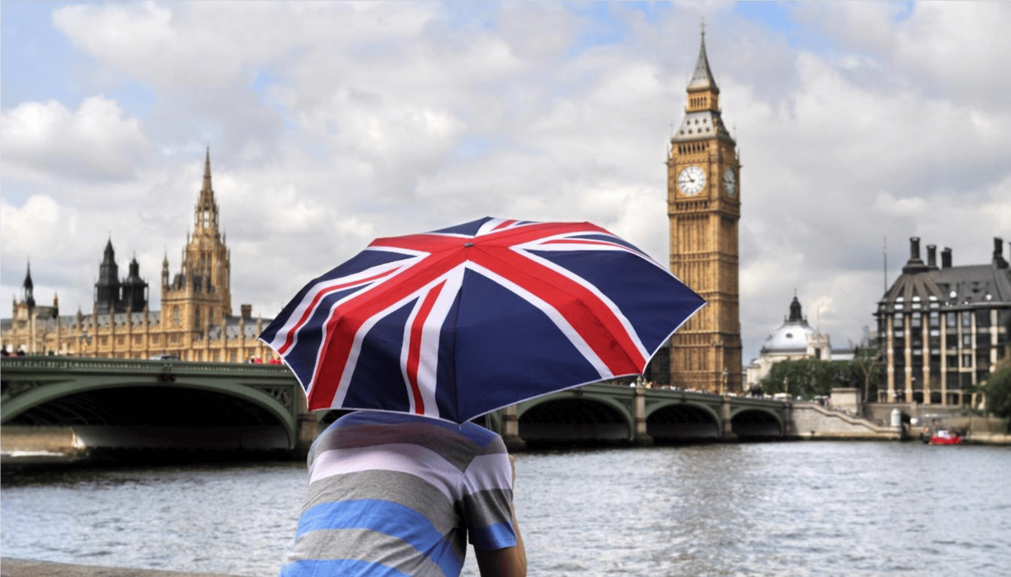 A man under an umbrella in the Union Jack watching London's Big Ben from the other side of the Thames